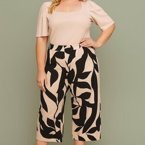 Black and Pink Patterned Women's Wide Leg Pants with Pink Top